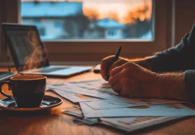 Midcent Ekonomi. En medelålders man arbetar koncentrerat med ekonomiska rapporter vid ett skrivbord. En dator och en rykande kopp kaffe finns på bordet, upplyst av det mjuka morgonljuset. Harmoniskt och produktivt arbetsmiljö.