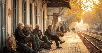 Midcent: Höstlandskap, tågstation, äldre män, vacker solnedgång, avkoppling, utomhus, naturlig skönhet, koppla av, vänskap, på väntan. Bilden fångar en stillsam stund vid järnvägen, där män njuter av den gyllene