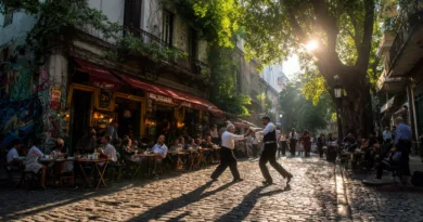 Midcent fångar en livlig gatumiljö där två medelålders män dansar passionerat på en kullerstensgata. Omgivningen är fylld av besökare och charmiga caféer under solens strålar. Kategori: Underhållning.