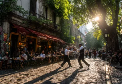 Midcent fångar en livlig gatumiljö där två medelålders män dansar passionerat på en kullerstensgata. Omgivningen är fylld av besökare och charmiga caféer under solens strålar. Kategori: Underhållning.