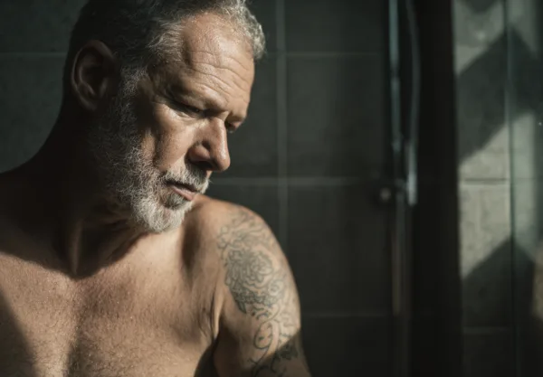 En medelålders man med grått hår och skägg, visar en tänkande pose i ett rum med dunkel belysning. Han har tatueringar på