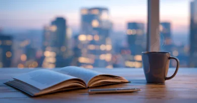 Midcent - En kopp kaffe ångar bredvid en uppslagen bok och penna på ett träbord. Bakgrunden visar en stadssilhuett i skymningen med suddiga ljus. Perfekt för avkoppling och inspiration. Kategori: Samhälle.