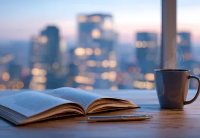 Midcent - En kopp kaffe ångar bredvid en uppslagen bok och penna på ett träbord. Bakgrunden visar en stadssilhuett i skymningen med suddiga ljus. Perfekt för avkoppling och inspiration. Kategori: Samhälle.