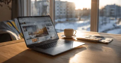 Midcent: En modern hemmakontorsmiljö med en laptop och kaffekopp, belyst av mjukt morgonljus, skapar en perfekt atmosfär för produktivitet och kreativitet. Teknik.
