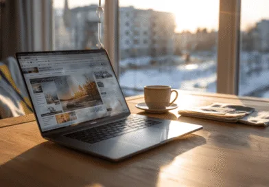 Midcent: En modern hemmakontorsmiljö med en laptop och kaffekopp, belyst av mjukt morgonljus, skapar en perfekt atmosfär för produktivitet och kreativitet. Teknik.