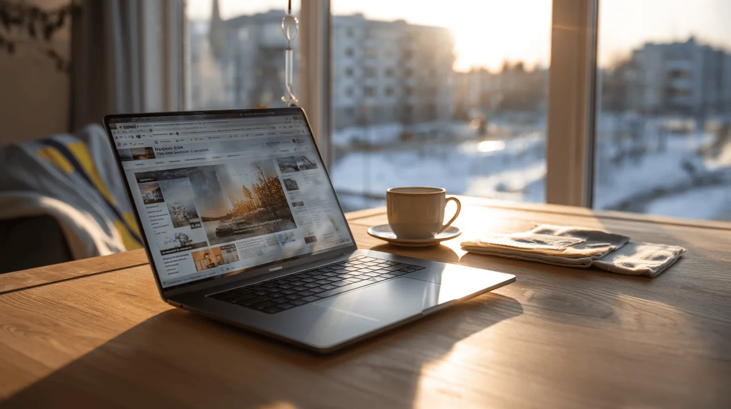 Midcent: En modern hemmakontorsmiljö med en laptop och kaffekopp, belyst av mjukt morgonljus, skapar en perfekt atmosfär för produktivitet och kreativitet. Teknik.