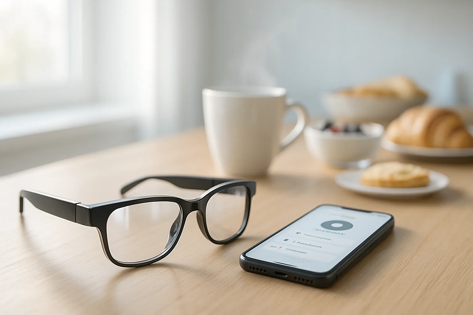 Midcent: En stilfull morgonstund med kaffe, nybakade croissanter och modern teknik; glasögon och smartphone på bordet. Den digitala vardagen möter en lugn frukostmiljö i ett välkomnande kök. Perfekt start på dagen. Kategori: Mat.