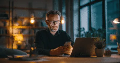 Midcent: En medelålders man arbetar fokuserat vid en laptop, omgiven av en modern och mysigt upplyst inredning. Perfekt för att illustrera produktivitet och teknikanvändning i arbetslivet. Kategori: Teknik.