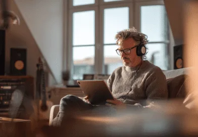 En medelålders man med hörlurar njuter av musiken och läser på sin surfplatta i ett hemmastudioinspirerat rum med stämningsfull belysning. Utforska kreativt ljudarbete i en avkopplande miljö. Midcent: Underhållning.