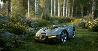 Midcent presenterar en avancerad robotgräsklippare som smidigt navigerar bland frodiga trädgårdsblommor och björkar. Denna futuristiska teknikrevolution inom trädgårdsskötsel kombinerar effektivitet och stil för en perfekt vårdad gräsmatta. K