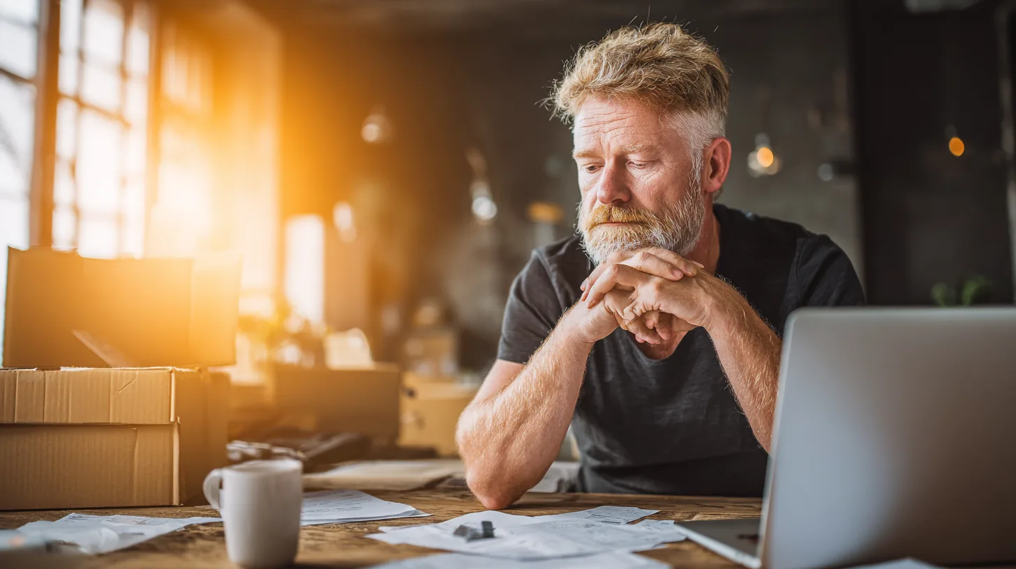 Midcent: En medelålders man sitter vid ett skrivbord med dator och papper, djup i tankar. Solen strömmar in genom fönstren och skapar en varm atmosfär. Kategorin: Ekonomi.