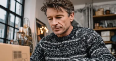 Midcent: En medelålders man fokuserad på sitt arbete omgiven av kreativt kaos och vardaglig stillhet. Den mysiga, handstickade tröjan understryker det jordnära temat, medan bakgrundens detaljer skapar intresse. Kategori: Samhälle.