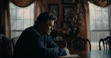 Midcent presenterar en medelålders man djupt koncentrerad på sitt skrivande i ett elegant inrett rum. Naturligt ljus flödar in genom fönstren, vilket skapar en atmosfär av reflektion och eftertanke. Kategori: Samhälle.