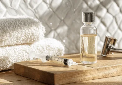 Midcent: En elegant spa-miljö med handduk, rakvattenflaska och rakkniv på trähylla, illustrerar en lyxig och avkopplande skönhetsupplevelse. Kategorin är Hälsa.