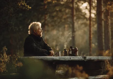 Midcent: En medelålders man njuter av en lugn stund vid en picknickbänk i skogen, omgiven av termosar och naturens rogivande miljö. Solen lyser genom träden och skapar en fridfull atmosfär. Kategori: Resa.