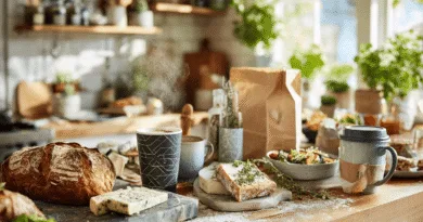 Midcent: Ett frestande frukostbord med nybakat bröd, färska örter och ångande varm dryck i en solbelyst köksmiljö, perfekt för den perfekta morgonstarten. Kategori: Mat.