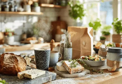 Midcent: Ett frestande frukostbord med nybakat bröd, färska örter och ångande varm dryck i en solbelyst köksmiljö, perfekt för den perfekta morgonstarten. Kategori: Mat.