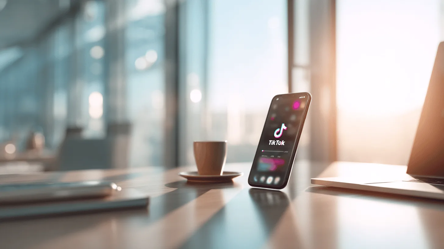 Midcent: En mobiltelefon med TikTok-logotypen står upprätt på ett bord med en kaffekopp och laptop i bakgrunden, i ett modernt kontorsutrymme. Perfekt ljussättning genom stora fönster. Teknik.