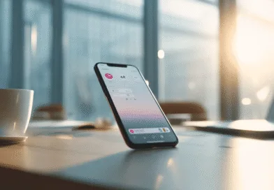 Midcent: En smartphone med en fitnessapp visas på ett solbelyst bord, bredvid en vit kaffekopp. Modern teknik och hälsa i perfekt harmoni. Kategori: Teknik.