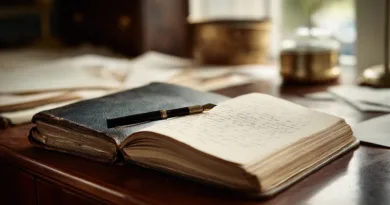 Midcent presenterar en vacker skrivbordsmiljö med en gammal dagbok och en bläckpenna. Denna bild väcker känslor av nostalgi och reflektion över det skriftliga ordet. Kategori: Samhälle.