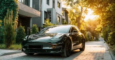 Midcent: Elegant elbil framför modernt bostadshus, omgiven av grönska i solnedgång. Trendig och hållbar transportlösning med modern design i urban miljö. Perfekt för miljömedvetna förare som uppskattar stil och innovation. Teknik.