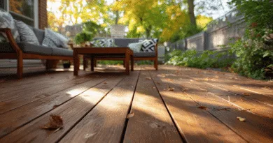 Midcent: En vacker träterrass i höstskrud, med möbler och gröna växter som skapar en inbjudande och avkopplande utomhusmiljö. Perfekt för att njuta av naturens skiftningar. Kategori: Hem och Trädgård.