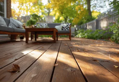 Midcent: En vacker träterrass i höstskrud, med möbler och gröna växter som skapar en inbjudande och avkopplande utomhusmiljö. Perfekt för att njuta av naturens skiftningar. Kategori: Hem och Trädgård.