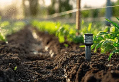 Midcent presenterar en frodig odlingsmiljö med effektiv bevattningsteknik. Solbelysta grödor växer i välmående jord, vilket speglar hållbarhet och innovation inom jordbruket. Optimerad bevattning främjar växtlighet och resurseffektivitet. Perfekt för ekologiskt jord