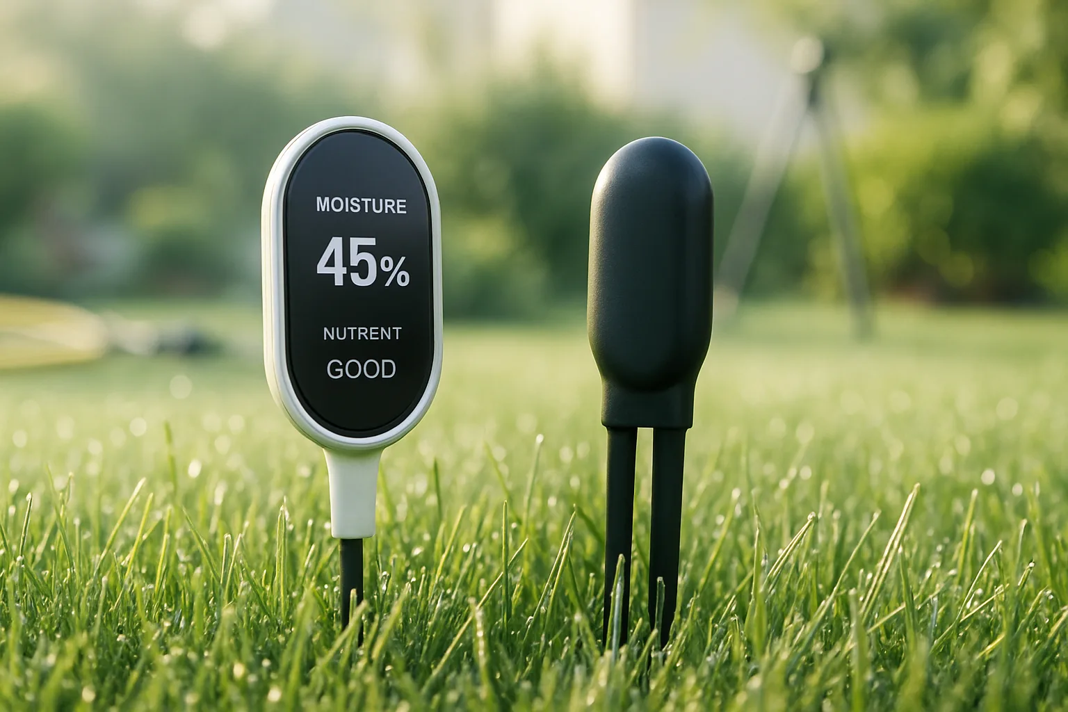 Midcent presenterar en digital fukt- och näringssensor i gräs. Denna smarta trädgårdsanordning mäter jordens fuktighet till 45% och klassar näringsnivån som bra, vilket underlättar optimal trädgårdsskötsel. Teknik.