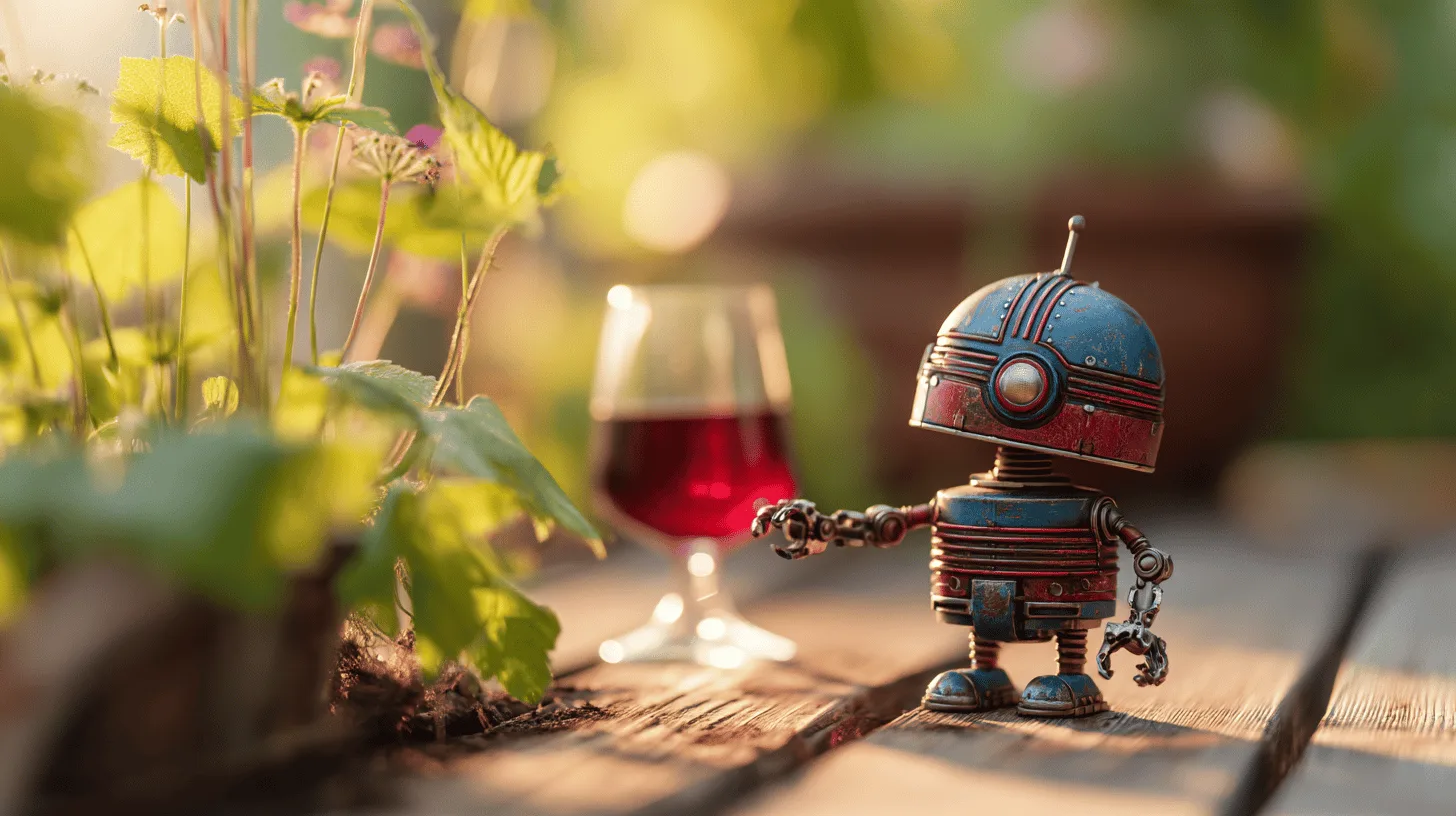 Midcent: En charmig liten robot står vid ett glas rödvin i en solig trädgårdsmiljö med grönska. Teknik.