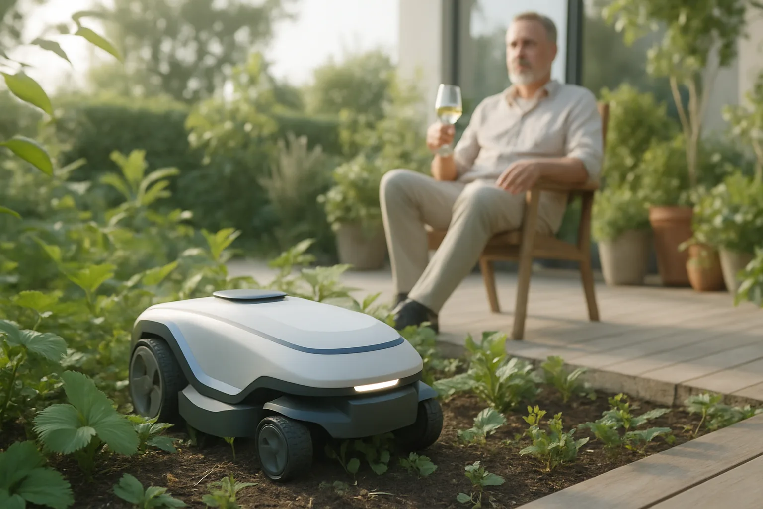 I bilden ser vi en medelålders man som sitter avslappnat i sin trädgård med ett glas vin, medan en högteknologisk robotgräsklippare arbetar i bakgrunden. Midcent. Kategori: Teknik.