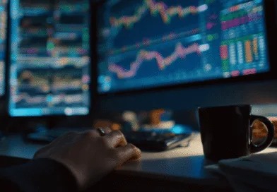 Midcent ekonomi: En man betraktar noggrant datorskärmar med finansiella diagram och marknadsdata. Bilden fångar fokus och analys i en ekonomisk miljö. Perfekt för att illustrera investeringsstrategi och marknadsövervakning i digital tidsålder.