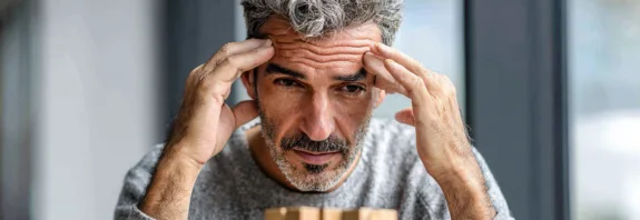 Midcent erbjuder insikter för att hantera stress och fokus. En medelålders man visar tecken på koncentration och reflektion inför utmaningar. Förbättra ditt välmående med strategier för mental hälsa.Kategori: Hälsa.