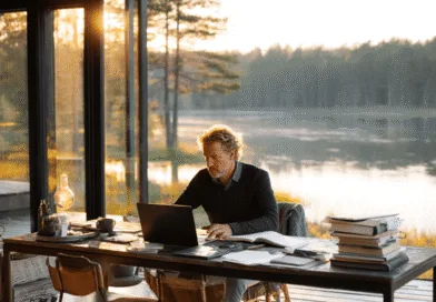 Midcent: En medelålders man arbetar vid ett skrivbord vid en naturskön sjö i solnedgången. Stämningsfull hemmakontorsmiljö med böcker och laptop. Teknik.