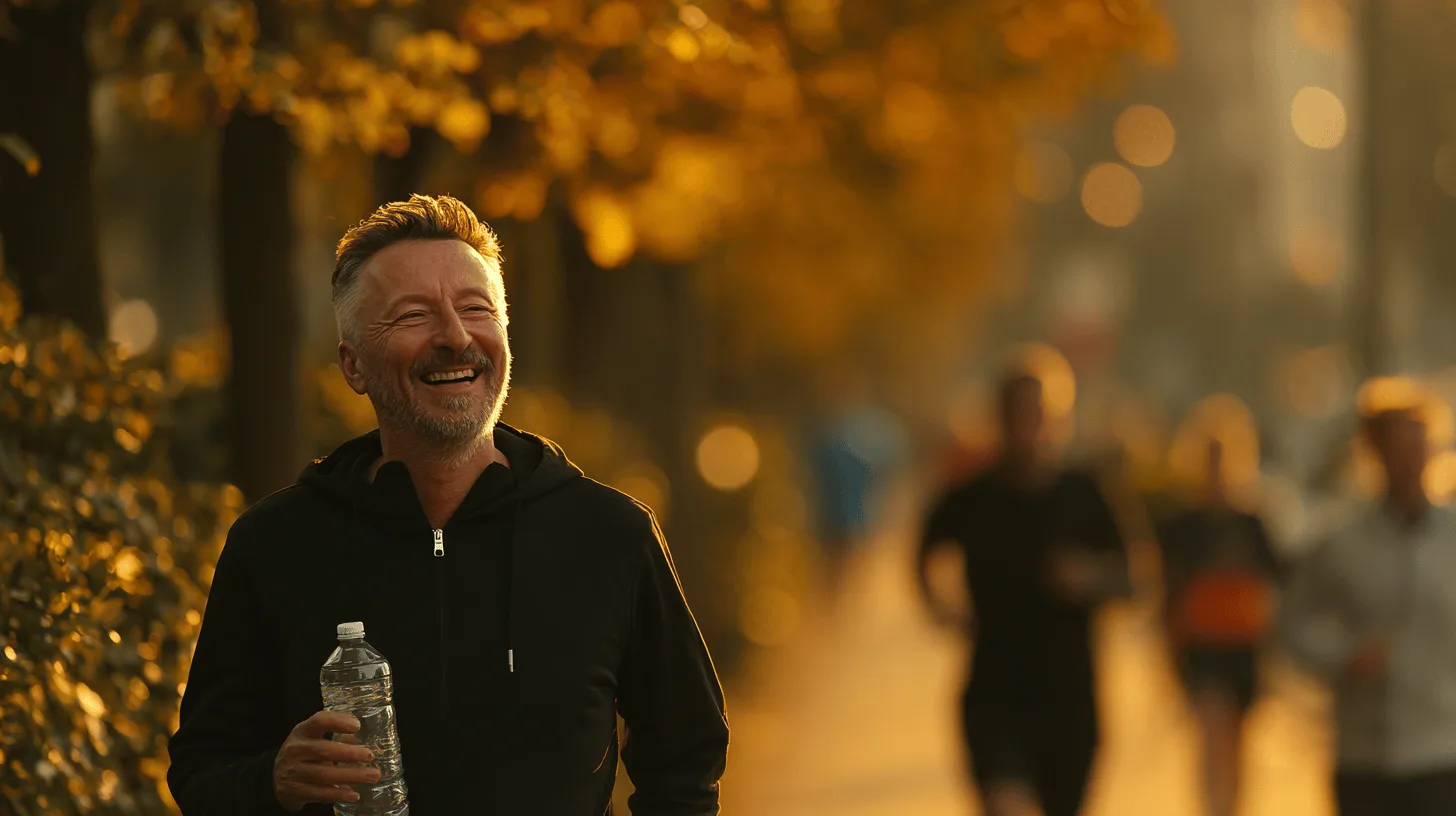 En medelålders man njuter av en lugn vandring genom skogen i solnedgångens varma ljus. Han bär en ryggsäck och ser avslappnad ut i den natursköna miljön. Midcent, Resa.