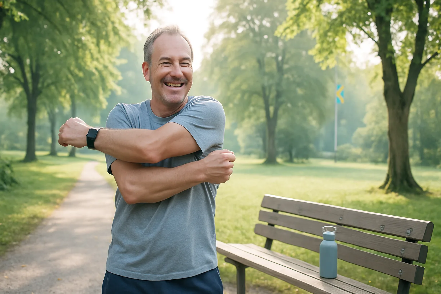 En medelålders man utför stretching i en grön park, iklädd träningskläder. Soligt väder och naturmiljö ger en känsla av friskvård och välbefinnande. Midcent. Kategori: Hälsa.