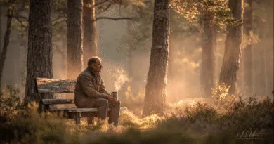 En medelålders man sitter på en träbänk i en dimmig skog och njuter av en varm dryck i solljuset. Midcent, Resa.
