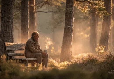 En medelålders man sitter på en träbänk i en dimmig skog och njuter av en varm dryck i solljuset. Midcent, Resa.