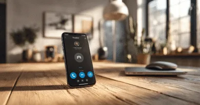 Midcent Teknik: En smartphone står upp på ett träbord i ett modernt och välinrett rum, redo för videosamtal. Digital kommunikation, innovation och smart hemteknologi, framhäver mobilens roll i arbetslivet.