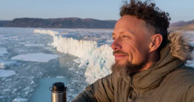 En medelålders man blickar ut över ett isigt landskap under en resa. Han är klädd i vinterjacka och håller en termos, vilket understryker äventyret och kylan. Midcent - Resa.