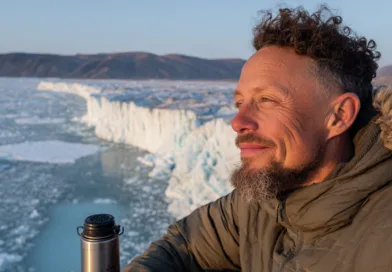 En medelålders man blickar ut över ett isigt landskap under en resa. Han är klädd i vinterjacka och håller en termos, vilket understryker äventyret och kylan. Midcent - Resa.