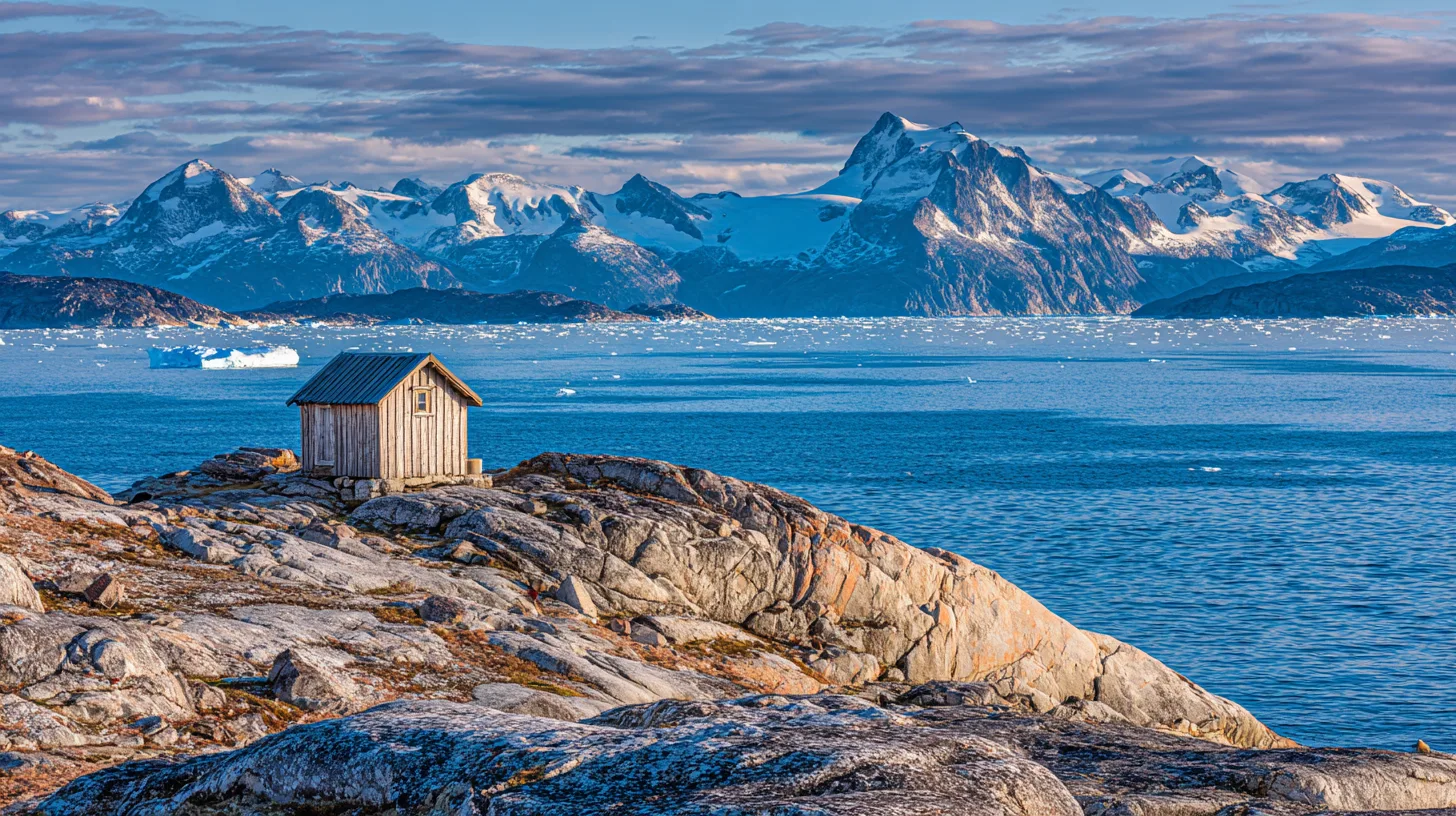 Midcent Resa: Upptäck storslagen skönhet med en liten stuga på klippiga kuster med snötäckta berg i bakgrunden. Fantastiska vyer över isberg och det klarblå havet. Perfekt för naturälskare och äventyrsresenärer.