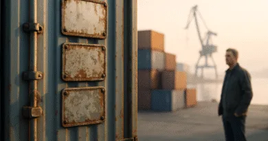 Midcent presenterar en medelålders man vid en fraktterminal med containerfartyg, rostiga containrar och en kran i bakgrunden, vilket skapar en industriell atmosfär vid vattenytan. Perfekt för att illustrera hamnlogistik och transport. Kategori: Ekonomi.