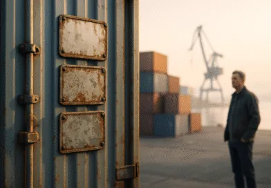 Midcent presenterar en medelålders man vid en fraktterminal med containerfartyg, rostiga containrar och en kran i bakgrunden, vilket skapar en industriell atmosfär vid vattenytan. Perfekt för att illustrera hamnlogistik och transport. Kategori: Ekonomi.