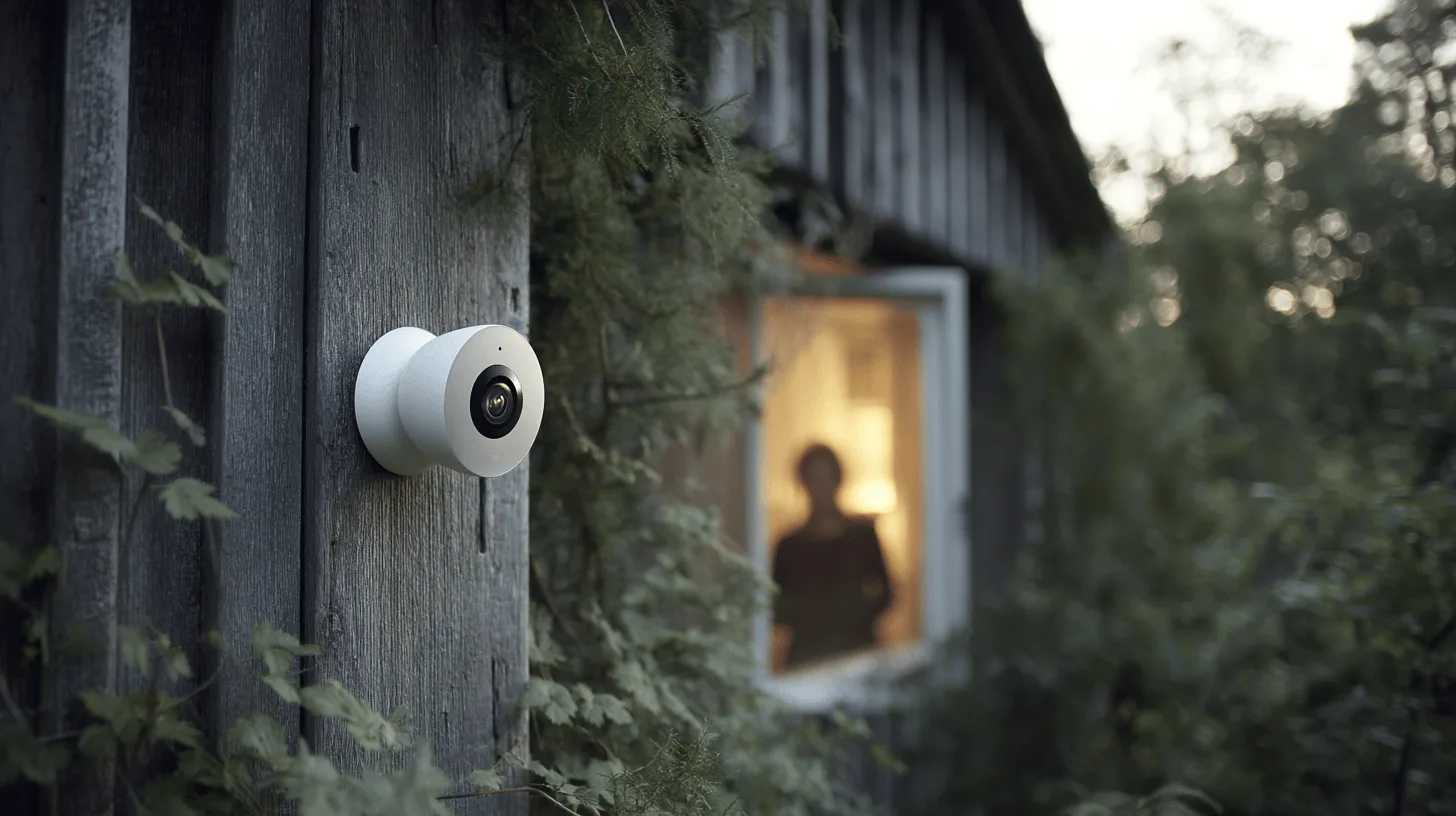 Midcent: En säkerhetskamera monterad på en träfasad övervakar ett hem, med en suddig figur synlig genom ett fönster i bakgrunden. Lummig grönska omger området.Kategori: Teknik.