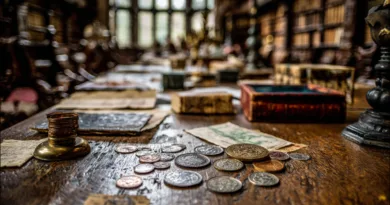 Midcent: En samling antika mynt och böcker på ett gammalt skrivbord i ett bibliotek, omgivna av historiska manuskript och