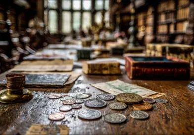 Midcent: En samling antika mynt och böcker på ett gammalt skrivbord i ett bibliotek, omgivna av historiska manuskript och