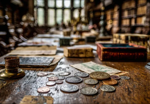 Midcent: En samling antika mynt och böcker på ett gammalt skrivbord i ett bibliotek, omgivna av historiska manuskript och