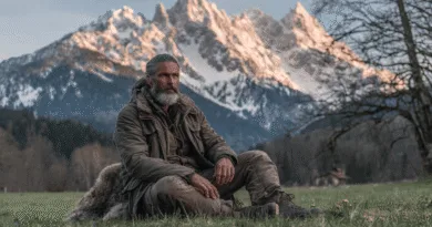 En medelålders man sitter i avslappnad position framför snötäckta berg. Vild natur och bergstoppar skapar en känsla av frihet och äventyr. Midcent. Resa.