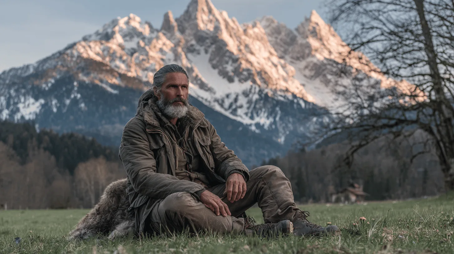 En medelålders man sitter i avslappnad position framför snötäckta berg. Vild natur och bergstoppar skapar en känsla av frihet och äventyr. Midcent. Resa.